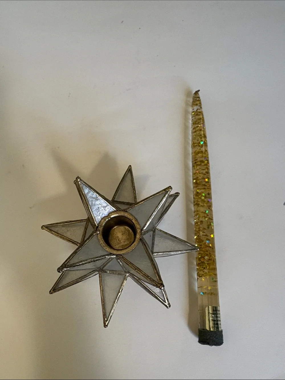 VTG Lucite gold Candle Metallic flake Capiz Moravian star holder stickers